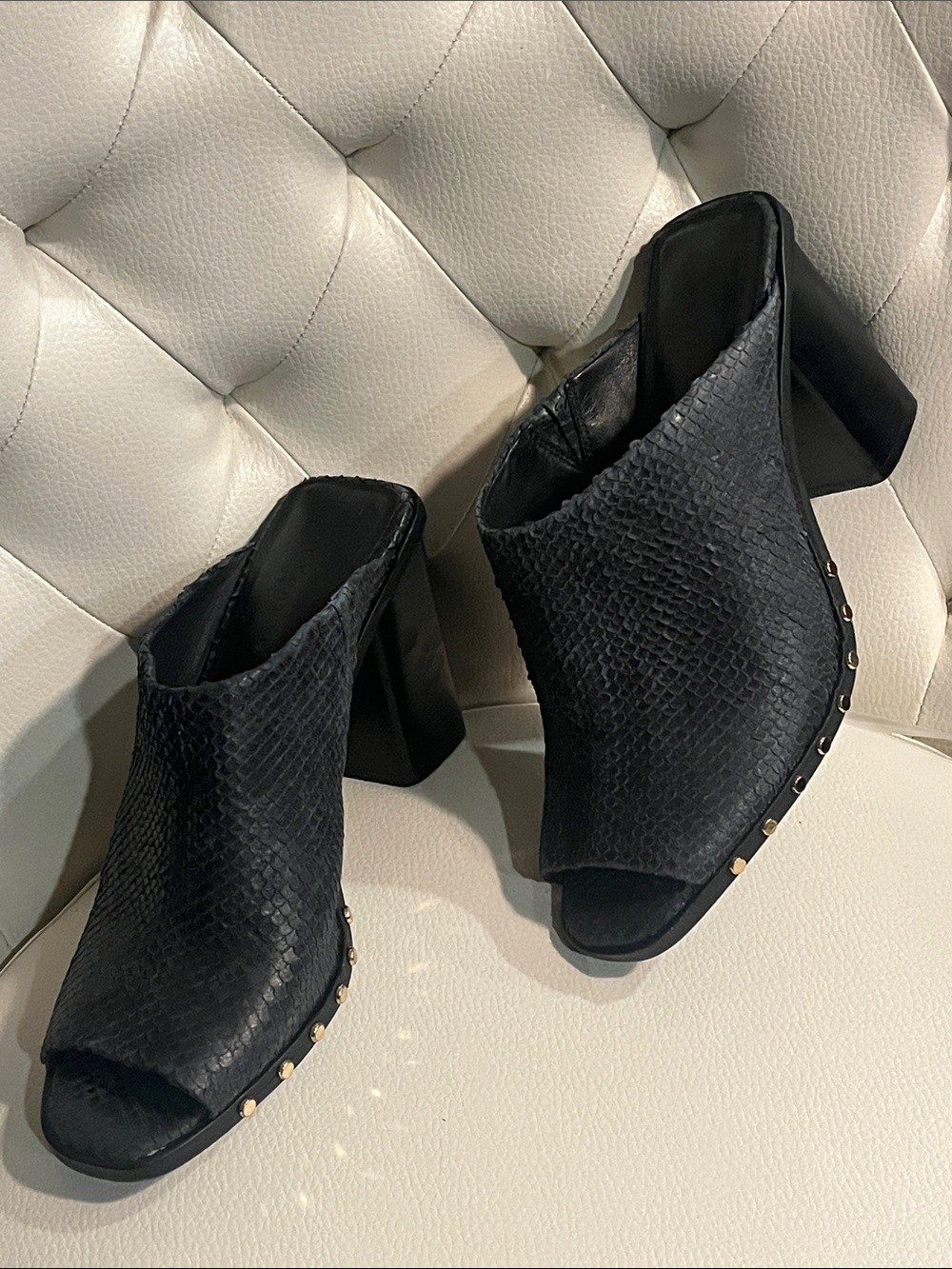Women’s Black Textured Open-Toe Mule Heels with Golden Stud Trim Size 8